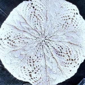 Cables and Lace Knit Cotton Beret - French Style Summer Hat