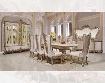 Luxury Traditional 9 Piece Dining Room Set in Gold & Beige Finish HD-9083