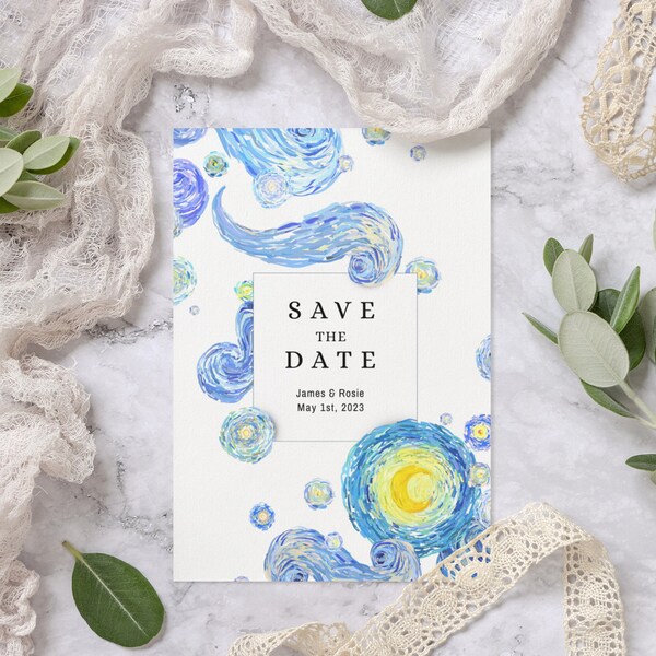 Starry Night Painting Save the Date Template. Printable, Download, Digital. Fully Editable. Neutral. Famous Painting