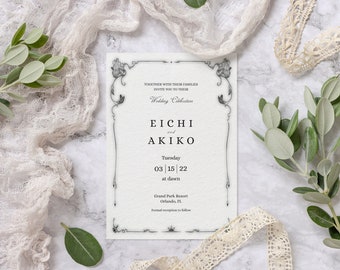 Minimalist Floral Frame Wedding Invitation Template. Black & White. Printable. Digital Download. Editable. Customizable.