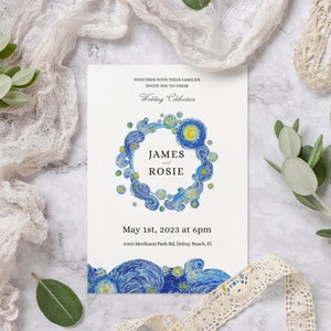 Starry Night Painting Wedding Invitation Template. Printable, Download, Digital. Fully Editable. Neutral. Famous Painting