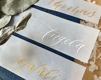 Hochzeit Kalligraphie | Pergamin Tischkarten | Handgeschrieben | Hochzeit Ortsnamen | Flache Tischkarten | Namenskärtchen