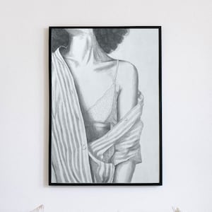 Hand-drawn sketch, painting &quot;Shirt&quot; A3, pencil, gray, woman, bedroom