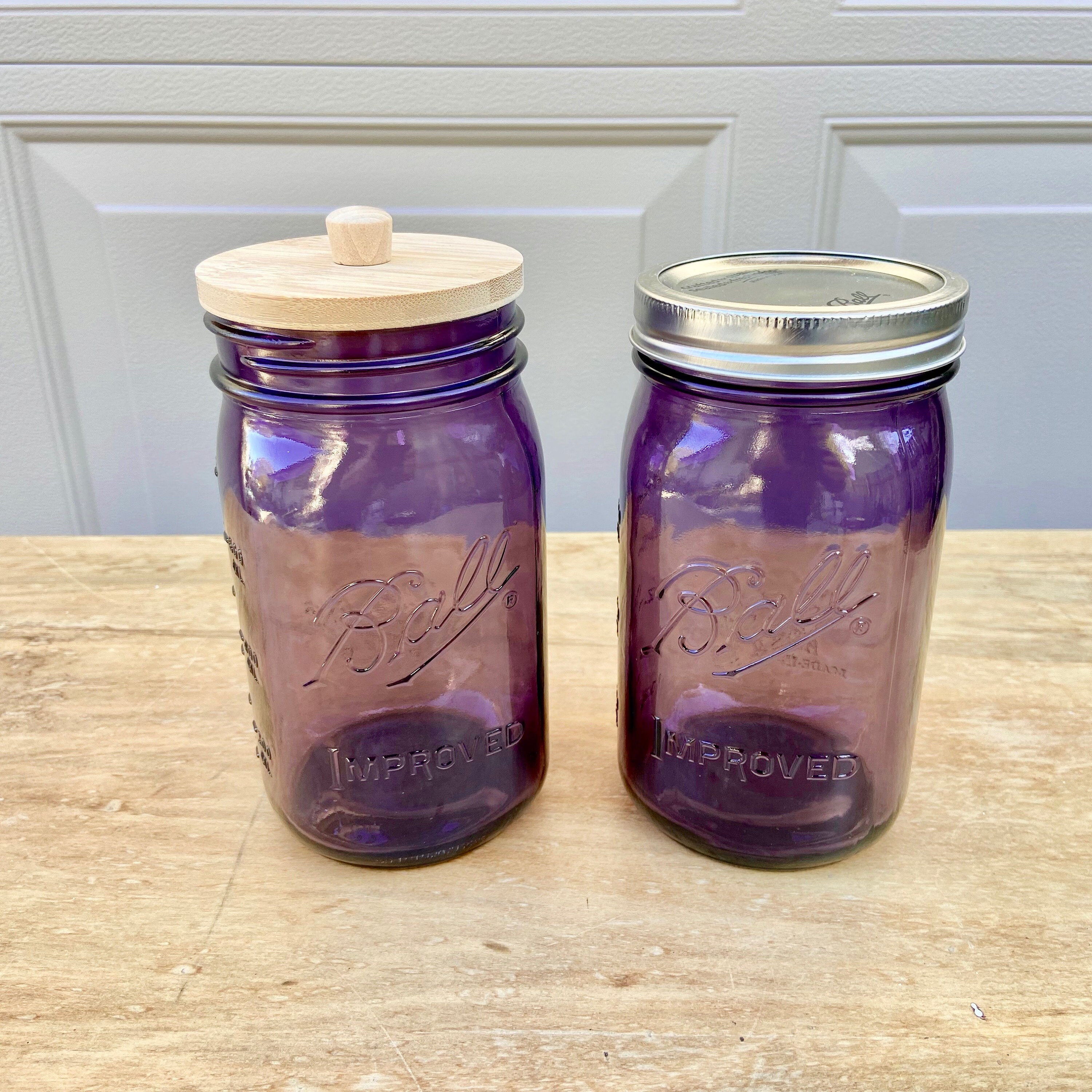 Brewing America Glass Mason Jar Pitcher with Lid - Ball Jars, 1 Quart (32 oz) with Violet Purple Wide Mouth Mason Jar Pour Lids, 2-Pack