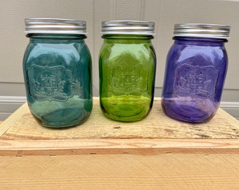 Pick your color, clear colored Mason Jars Pint Size Purple Green Aqua Blue Teal NEW vintage style