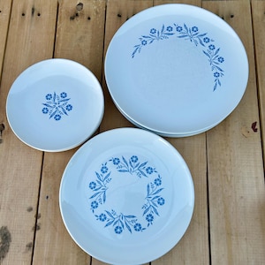May include: A set of three white ceramic plates with a blue floral design. The plates vary in size, with the largest stacked on top of each other. The floral pattern is a stylized wreath of small flowers and leaves.