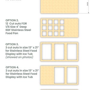 K&ouml;nnte beinhalten: Diagramm mit f&uuml;nf verschiedenen Optionen f&uuml;r eine Charcuterie-Wagenplatte. Option 1 hat keine Ausschnitte. Option 2 hat 12 Ausschnitte f&uuml;r 1/6 Gr&ouml;&szlig;e 4 Zoll tiefe NSF-Edelstahl-Speisebeh&auml;lter. Option 3 hat 3 Ausschnitte in der Gr&ouml;&szlig;e 13 Zoll mal 21 Zoll f&uuml;r eine Edelstahl-Speiseauslage mit Eiswanne. Option 4 hat 2 Ausschnitte in der Gr&ouml;&szlig;e 13 Zoll mal 21 Zoll f&uuml;r eine Edelstahl-Speiseauslage mit Eiswanne. Option 5 hat 1 Ausschnitt in der Gr&ouml;&szlig;e 13 Zoll mal 21 Zoll f&uuml;r eine Edelstahl-Speiseauslage mit Eiswanne.