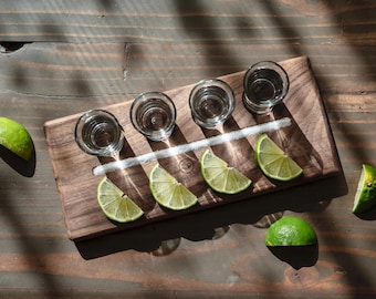 3D Lemon Tequila Shot Tray: Includes 4 Shot Glasses, Walnut/Ash/Maple Wood