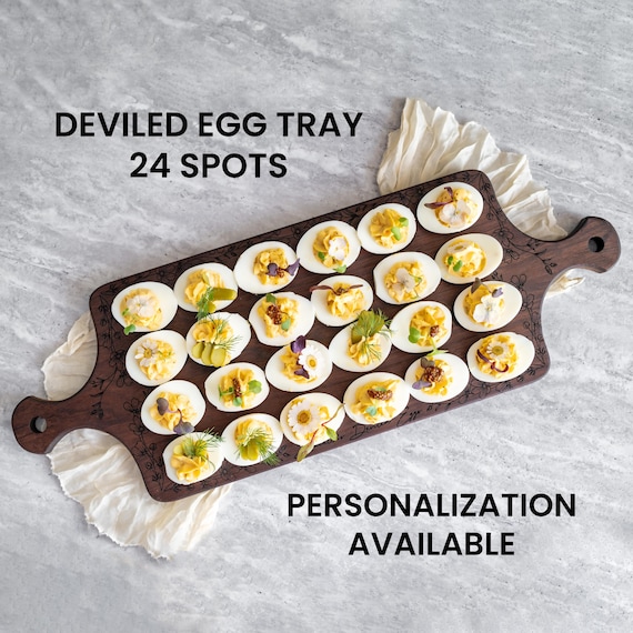 Handcrafted Walnut Deviled Egg Tray: Floral Engraved, Holds 24