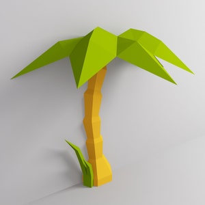 Palmera artesanal de papel de baja poli, árbol de playa de plantilla PDF de bricolaje, modelo 3D Lowpoly, kit digital de rompecabezas de papel, escultura de artesanía de papel, decoración de pared de origami