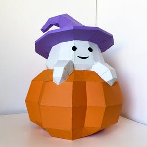 Halloween-spook, spook in pompoen, Low poly Papercraft-spook, DIY-sculptuur Halloween-decor, pdf-download papercraft, 3D-polygonal handgemaakt