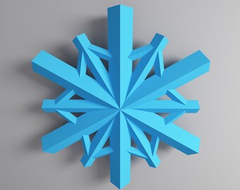 May include: A light blue snowflake-shaped paper ornament with a geometric design. The ornament is made of paper and has a 3D effect.