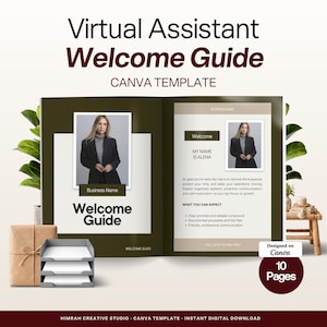 Può includere: Un modello Canva per una guida di benvenuto per assistente virtuale con uno schema di colori verde oliva scuro e bianco. Il documento mostra un ritratto professionale, nome dell'azienda, testo di benvenuto ed elenco di servizi. Include etichetta 10 pagine.