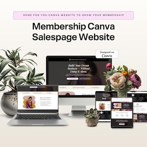 May include: A digital marketing image showcasing a Canva website sales page design. The image features a laptop, desktop monitor, and various mobile devices displaying website mockups. Text includes "Membership Canva Salespage Website" and "Designed on Canva."