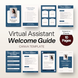 May include: A digital Virtual Assistant Welcome Guide Canva template featuring ten pages with a blue and white colour scheme. The layout includes sections for an onboarding checklist, workflow processes, service inclusions, and contact information.