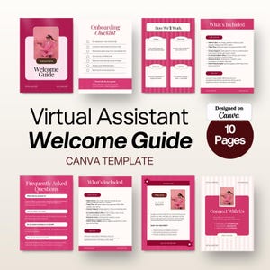 May include: A ten-page Virtual Assistant Welcome Guide Canva template featuring a magenta and white colour scheme. The document includes sections for an onboarding checklist, workflow processes, frequently asked questions, and contact information.