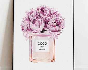 Coco Perfume Wall Print | Chic and Stylish Wall Art | Purple and Pink  Peonies | Luxury Digital Instant Print | Fashion Aesthetic