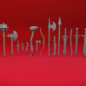 May include: A collection of fantasy weapons, including swords, axes, maces, and a bow and arrow, displayed on two wooden stands. The weapons are all made of a gray material and have a realistic appearance.