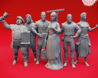 Townsfolk (Adults) - 32mm/54mm Scale NPC Miniatures for Table Top RPGs ( D&D, DnD, Pathfinder, Frostgrave) | Yasashii Kyojin Studio