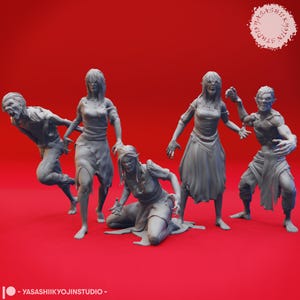 Puede incluir: Un grupo de cinco figuras grises de criaturas no muertas, posando sobre un fondo rojo. Las figuras están en varias posturas, con ropa rasgada y expresiones amenazantes. Las figuras son de Yasashiikyojinstudio.
