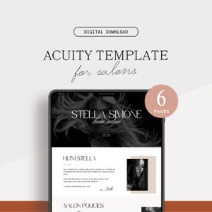 May include: A digital download template for scheduling appointments for a hair salon. The template is designed in a minimalist style with black and white text on a white background. The template includes a welcome message, salon policies, and a booking form. The template is designed to be used with the Acuity Scheduling platform.