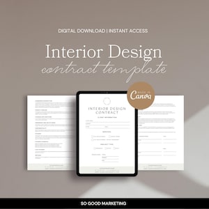Puede incluir: Una plantilla de contrato de diseño de interiores descargable digitalmente. La plantilla está hecha en Canva e incluye secciones para la información del cliente, los servicios, el tipo de proyecto y el cronograma de pagos. La plantilla está diseñada en un estilo minimalista con un esquema de color marrón y blanco.