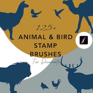 Puede incluir: Una ilustración digital de más de 125 pinceles de sellos de animales y pájaros para Procreate. La imagen presenta una llama, un camello, un león, un alce, un gallo y pájaros en un esquema de color azul y dorado.