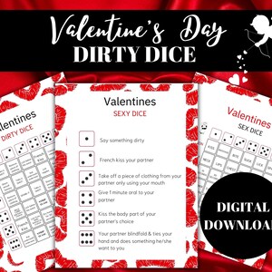 Puede incluir: Dos tarjetas de juego imprimibles para el D&iacute;a de San Valent&iacute;n con un fondo de labios rojos. Las tarjetas se titulan "Valentines Dirty Dice" y "Valentines Sexy Dice". Las tarjetas presentan dados con diferentes n&uacute;meros de puntos y acciones correspondientes.