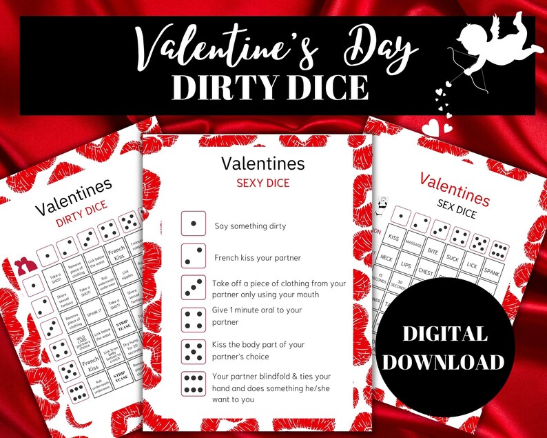 Puede incluir: Dos tarjetas de juego imprimibles para el D&iacute;a de San Valent&iacute;n con un fondo de labios rojos. Las tarjetas se titulan "Valentines Dirty Dice" y "Valentines Sexy Dice". Las tarjetas presentan dados con diferentes n&uacute;meros de puntos y acciones correspondientes.