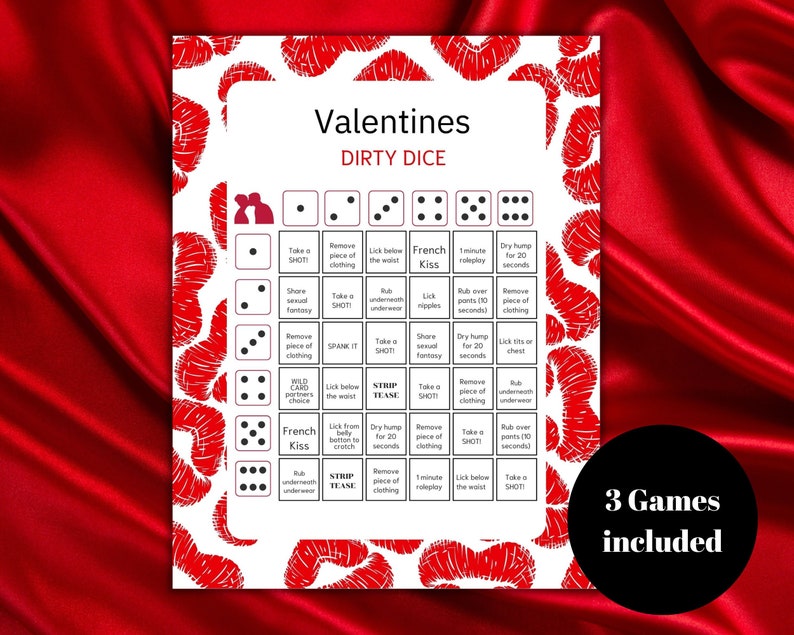 Puede incluir: Un juego de mesa imprimible para el D&iacute;a de San Valent&iacute;n con un fondo blanco y labios rojos impresos alrededor de los bordes. El juego se llama "Dirty Dice" e incluye una cuadr&iacute;cula de 36 casillas con diferentes desaf&iacute;os y dares. El texto "3 Games Included" est&aacute; impreso en negro en la parte inferior de la p&aacute;gina.