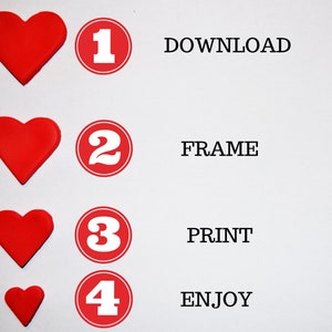 Puede incluir: Cuatro corazones rojos con n&uacute;meros blancos dentro de c&iacute;rculos, numerados del 1 al 4. El texto debajo de cada coraz&oacute;n dice: 1. DESCARGAR, 2. ENMARCAR, 3. IMPRIMIR, 4. DISFRUTAR.