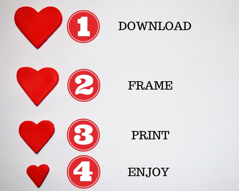 Puede incluir: Cuatro corazones rojos con n&uacute;meros blancos dentro de c&iacute;rculos, numerados del 1 al 4. El texto debajo de cada coraz&oacute;n dice: 1. DESCARGAR, 2. ENMARCAR, 3. IMPRIMIR, 4. DISFRUTAR.