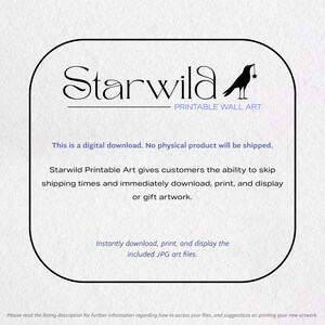 以下が含まれることがあります： 角が丸い長方形のグラフィックで、黒い文字でStarwildと書かれ、星をくわえた黒い鳥のシルエットが描かれています。その下にはPrintable Wall Artという文字と、デジタルダウンロードやJPGアートファイルに関する説明が記載されています。