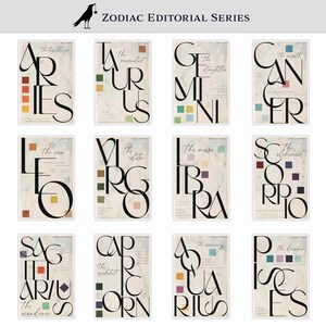 以下が含まれることがあります： 「Zodiac Editorial Series」と題された12枚の長方形ポスターのコレクション。各ポスターには、大きな黒いタイポグラフィで星座名が記され、小さな色付きの正方形と薄い星座の線がライトベージュの背景に描かれています。
