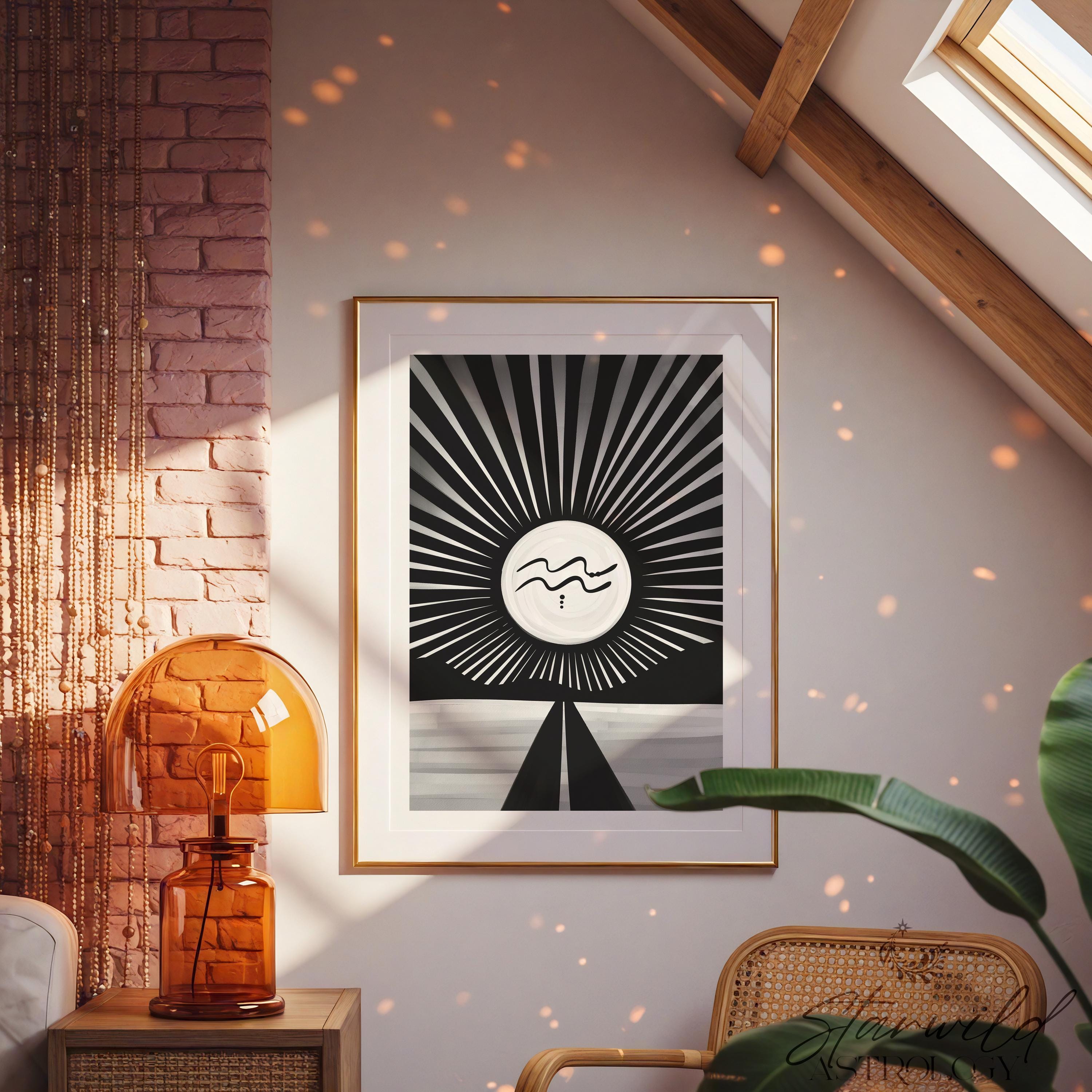 Aquarius Zodiac Print: Black & White Sun Glyph - Minimalist