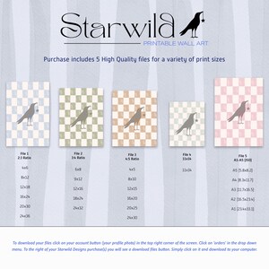 以下が含まれることがあります： Starwildの印刷可能なウォールアート。市松模様と星を持つカラスが描かれた5つのデジタルファイルが含まれています。画像には、A5 14.8x21cm、A4 21x29.7cm、A3 29.7x42cm、A2 42x59.4cm、A1 59.4x84.1cmなどのセンチメートル単位の印刷比率と寸法、および参考用のヤード・ポンド法による測定値が表示されています。