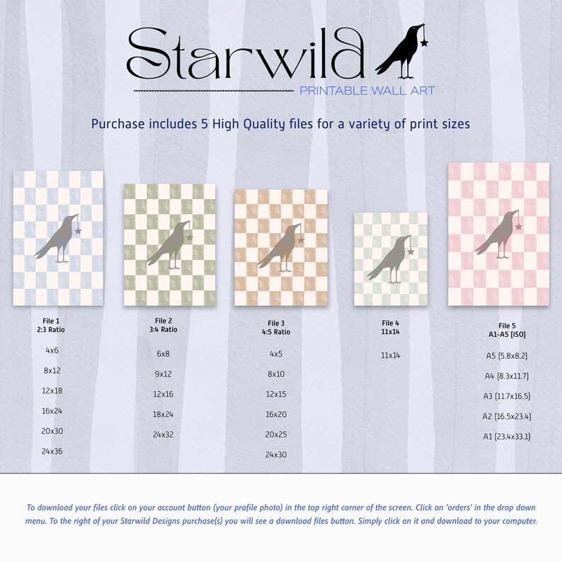 以下が含まれることがあります： Starwildの印刷可能なウォールアート。市松模様と星を持つカラスが描かれた5つのデジタルファイルが含まれています。画像には、A5 14.8x21cm、A4 21x29.7cm、A3 29.7x42cm、A2 42x59.4cm、A1 59.4x84.1cmなどのセンチメートル単位の印刷比率と寸法、および参考用のヤード・ポンド法による測定値が表示されています。