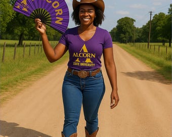 May include: A woman wearing a brown cowboy hat, purple t-shirt with "ALCORN STATE UNIVERSITY" text, and blue jeans. She holds a purple fan with "ALCORN" text. She is walking on a dirt road.