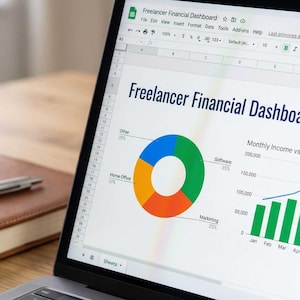 May include: A laptop screen displays a "Freelancer Financial Dashboard" with charts and graphs. A pie chart shows percentages for "Other," "Home Office," "Software," and "Marketing." A line graph tracks monthly income vs. expenses.