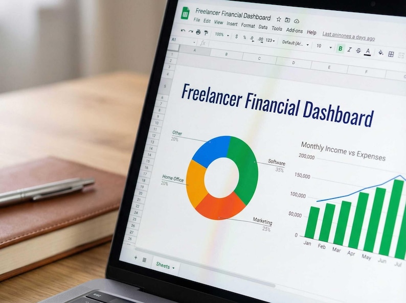 May include: A laptop screen displays a "Freelancer Financial Dashboard" with charts and graphs. A pie chart shows percentages for "Other," "Home Office," "Software," and "Marketing." A line graph tracks monthly income vs. expenses.