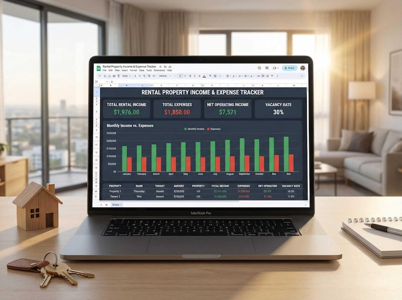 May include: A laptop displaying a "Rental Property Income & Expense Tracker" spreadsheet. The screen shows financial data, including total rental income, expenses, and net operating income. A small wooden house and keys are on the desk.