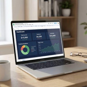 May include: A MacBook Pro laptop displaying a Google Sheets dashboard with financial data, including total income, expenses, and profit trends. The laptop is on a wooden desk, next to a coffee mug, a succulent plant, glasses, and a mouse.