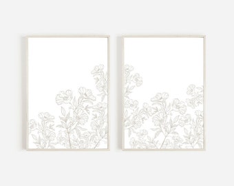 Beige Wildflower Art Prints Set of 2, Instant Download, Neutral Wall Art, Printable Wildflower Art, Beige Home Decor, Baby Girl Nursery Art