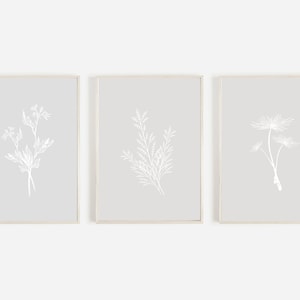 Botanical Prints Set of 3, Gray, Downloadable Prints, Wildflower Prints Set of 3, Instant Download, 3 Piece Wall Art, Living Room Decor