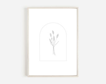 May include: A black and white line drawing of a bouquet of lavender flowers in an arched frame.