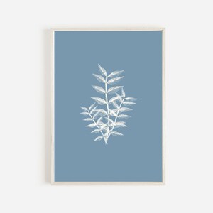 Leaves Print, Blue Botanical Wall Art, Living Room Decor, Downloadable Plant Print, Blue Leaf Art Print, Instant Download