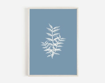 Blue Botanical Leaf Print, Living Room Wall Art (Digital Download)