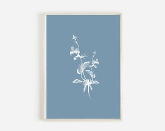 Estampado floral botánico azul, arte mural floral (descarga digital)