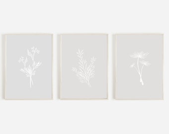 Gray Botanical Prints, Wildflower Wall Art Set (Digital Download)