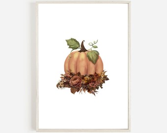Jesienna dynia, kwiatowa grafika do druku, jesienna dekoracja domu (do pobrania w wersji cyfrowej)
